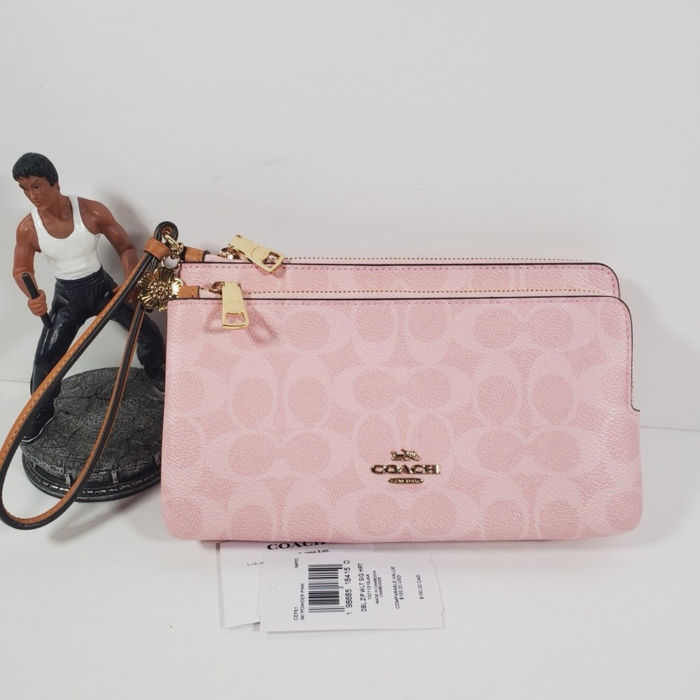 Coach Double Zip Wristlet In Signature Canvas With Charms NWT